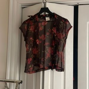 Sheer VTG ESPIRIT blouse brown with roses